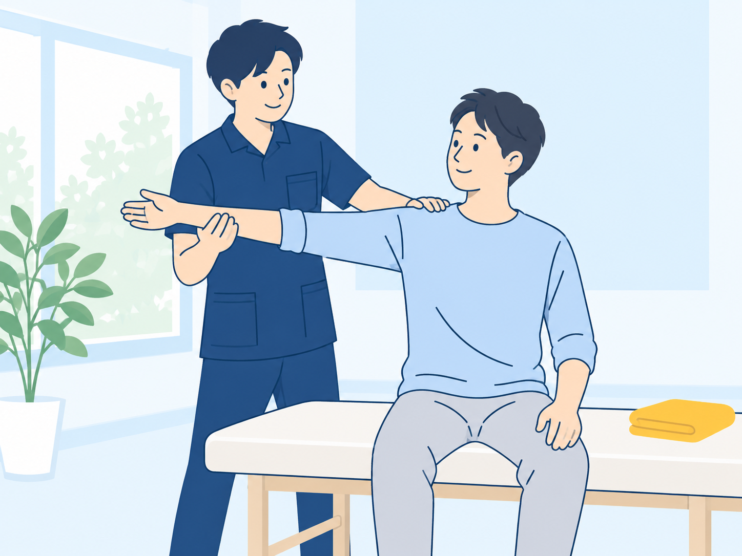 理学療法士が利用者の肩や腕の動きを確認するケアのイメージ